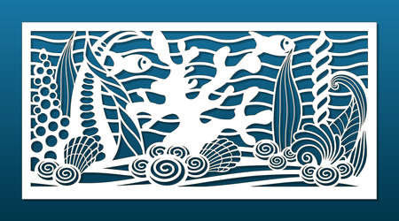 Laser cut panel with ocean underwater design. CNC cutting template, wall art, room privacy screen, wall hanging, for home interior. Undersea world, coral reef, weeds, seashells. vector illustrationのイラスト素材