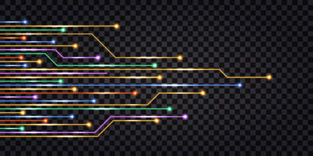 Fiber optic cable lines with neon light glow effect. Network connection, digital communication technology design. Isolated on transparent background. vector illustrationのイラスト素材