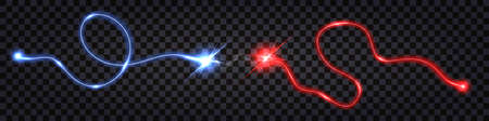 Electric hunder bolt, blue and red discharge collision, Glowing light effect, energy impulse wire, swirl wave cable isolated. Shiny trail on dark transparent background. vector illustrationのイラスト素材