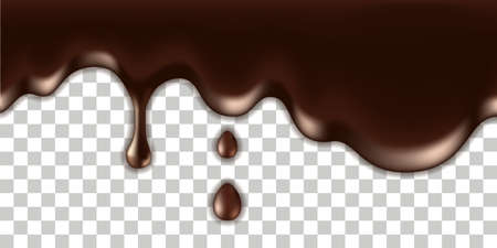 Chocolate melted drip, liquid spill with drops and splash. Milk chocolate texture, flowing cream wave. Dark brown border isolated on transparent background. vector illustrationのイラスト素材
