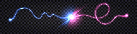 Electric discharge collision, blue vs pink shock effect., glowing lightning thunder bolt. Electric light flash, power wire impulse. Swirl wavy cable. isolated effect. vector illustrationのイラスト素材