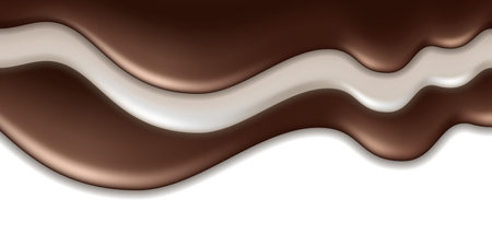 Chocolate cream and milk wave splash, liquid flowing texture wave swirl, white cream and dark brown chocolate. Melted drip isolated on white background. vector illustrationのイラスト素材