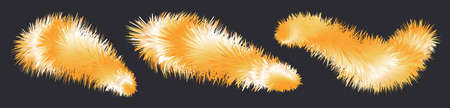 Fluffy furry fox brush, orange shaggy fur texture. Fuzzy hairy 3d design elements, funny winter Christmas isolated objects. vector illustrationのイラスト素材