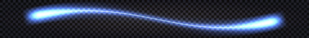 Blue neon laser wave swirl, glowing light effect. Electric wavy trail, thunder bolt, shiny futuristic cyber border. laser beam flash light. Isolated element on dark background. vector illustrationのイラスト素材