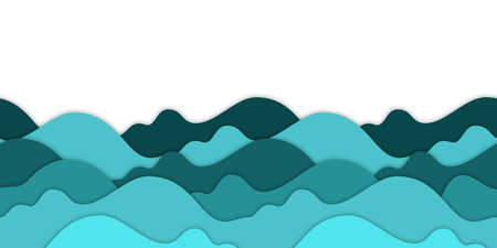 Paper cut sea waves background. Teal and turquoise waves, paper art layered 3d effect. Seamless pattern ocean water vector illustrationのイラスト素材