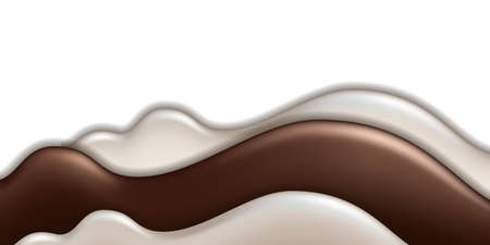 Chocolate cream and milk wave splash, liquid flowing texture wave swirl, white cream and dark brown chocolate. Melted drip isolated on white background. vector illustrationのイラスト素材