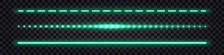 Green laser neon stick, light glowing effect. Electric shiny sparks and impulse line, thunder bolt streak, isolated luminos border on dark transparent background. vector illustrationのイラスト素材