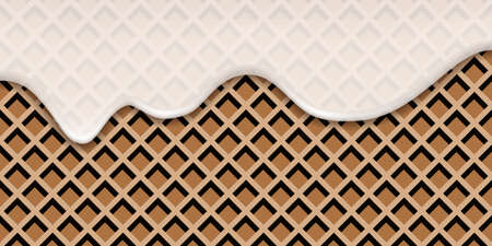 Milk cream wave splash on chocolate waffle. Liquid flowing drip milk wavy swirl, white on cocoa choco wafer texture. Sweet dessert background. vector illustrationのイラスト素材