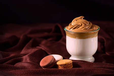 Coffee Dalgona, cold coffee, in glass, black brown bacground,の写真素材