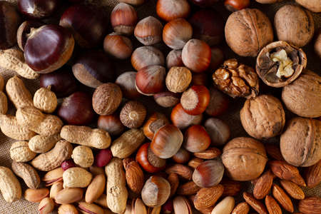 assortment of nuts, walnuts, hazelnuts, peanuts, almonds, chestnut pistachiosの写真素材