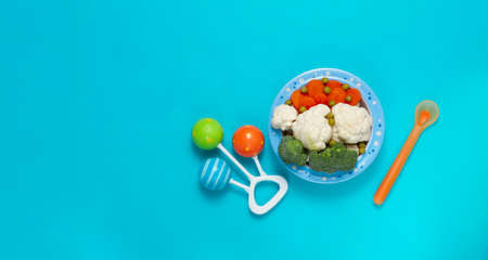 Bowl with vegetables and fruits, baby food, rattle and spoon, on a blue background, horizontal,の写真素材