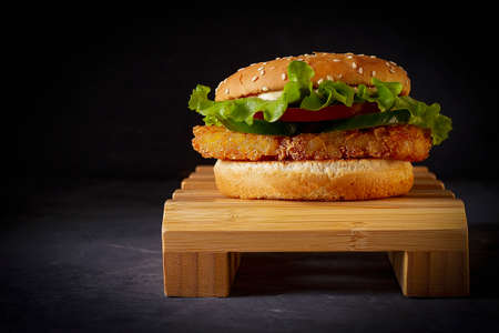Vegan burger, on a wooden stand, black background, horizontal, no people,の写真素材