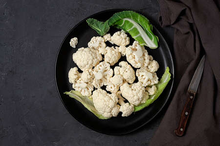 Cauliflower, on black background, horizontal, no people,の写真素材
