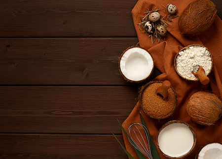 coconut sugar, milk, flour, in a bowl of coconut, on a wooden brown background, top view,の写真素材
