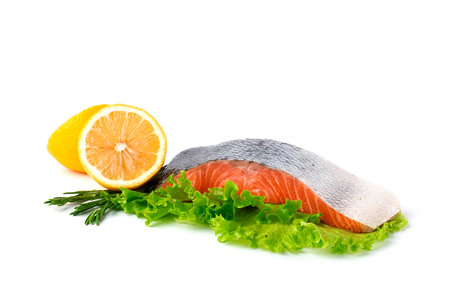Fresh salmon fillet, on a white background, horizontal, no people,の写真素材
