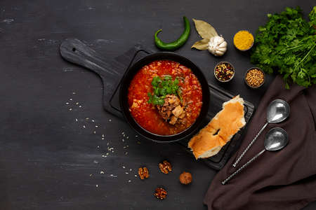 Kharcho soup, traditional Georgian dish, top view, no people, selective focus, rustic style,の写真素材