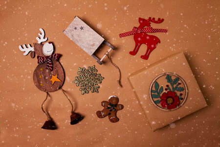 Christmas card Christmas decorations and gift box, snow, top view, horizontal, no people, selective...