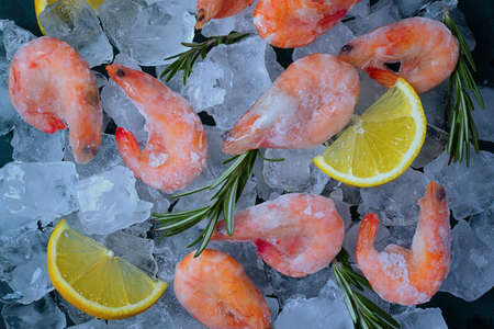 Boiled- frozen shrimp, on ice cubes, close-up, top view, seafood, not cooked, no people,