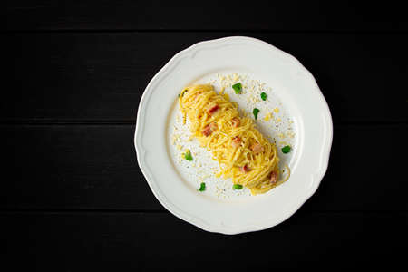 Traditional Italian dish food spaghetti carbonara, homemade, no people, top view,の写真素材