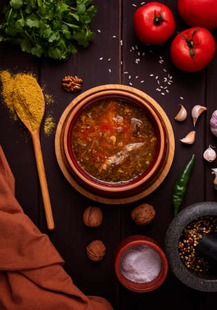 Kharcho soup, traditional Georgian dish, top view, no people, selective focus, rustic style ,. High quality photoの写真素材