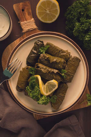 Dolma, cabbage rolls grape leaves with filling, white sauce, lemon and herbs, rustic, selective focus, no people,の写真素材