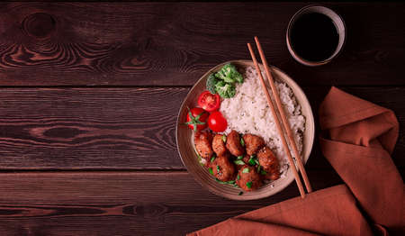 Asian traditional cuisine, fried chicken Teriyaki, with side dish, rice and vegetables, top view, no people,の写真素材