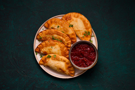 Fried mini pasties, with red sauce, top view, close-up, no people, selective focus,の写真素材