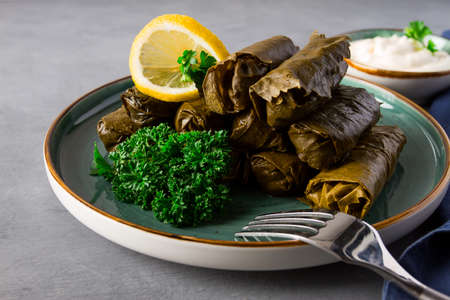 Dolma cabbage rolls grape leaves with filling, white sauce, lemon and herbs, rustic, selective focus, no people,の写真素材