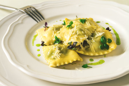 Ravioli with spinach and cheese green sauce, on a light background, selective focus, no people,の写真素材