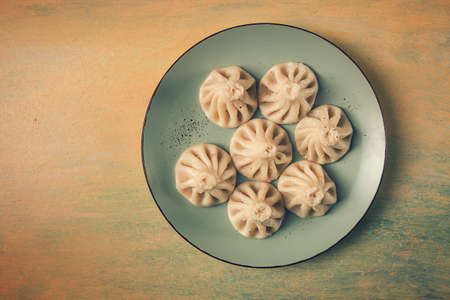 Traditional Georgian dish Khinkali, Kalakuri, top view, rustic style, no people,の写真素材