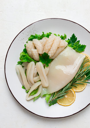 Fresh squid, raw, carcass, cut into rings, top view, no people,