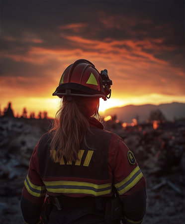 Firefighter observing a dramatic sunset after firefighting efforts in a mountainous area