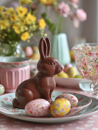Chocolate bunny centerpiece with pastel Easter eggs on decorative table