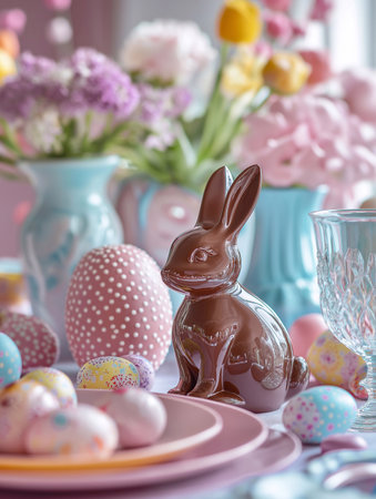 Chocolate bunny centerpiece with colorful eggs and floral arrangements for a festive celebrationの写真素材