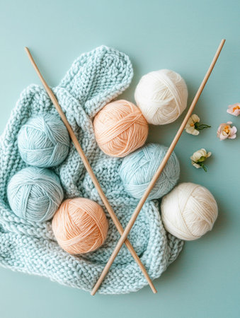 Knitting supplies arranged, on a soft surface, with yarn balls and bamboo needles ready, for craftingの写真素材
