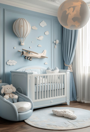 Soft blue nursery with hot air balloon and airplane decor creating a cozy atmosphere for a child\s comfortの写真素材