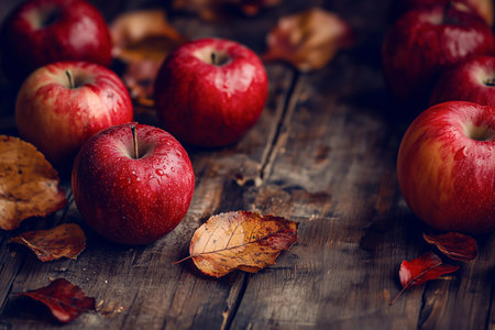 red apples are scattered on a wooden table, with autumn leaves, harvest time, horizontal, no people,の写真素材