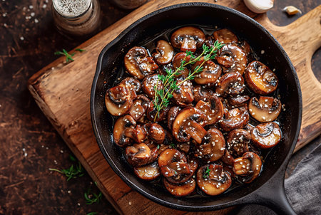 fried mushrooms in soy sauce, in a cast-iron pan, with sesame seeds and a sprig of thyme, Asian cuisine, close-up, no people,の写真素材