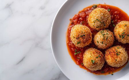 arancini, deep fried rice balls, on a white plate, with tomato sauce, Italian dish, no people,