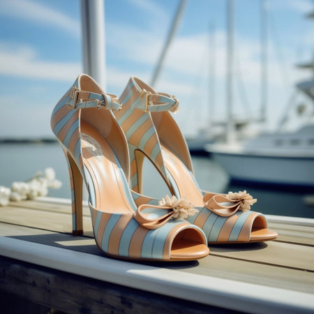 close-up, two womens shoes, high heels, pastel colors, nautical style, sunlight, no people,の写真素材