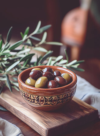 Traditional bowl of assorted olives presented on a wooden board with olive leaves in a rustic settingの写真素材