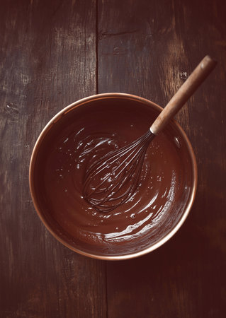 melted chocolate in a bowl, top view , on a wooden table, rustic style, homemade, no people,の写真素材