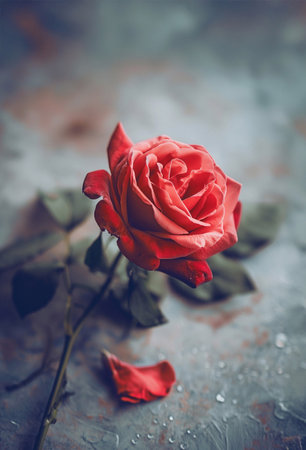 Beautiful, red rose, resting on a textured surface ,with a fallen petal nearby during, soft lightingの写真素材