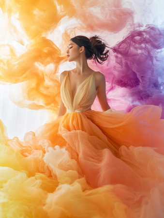 Elegant model in vibrant dress surrounded by colorful smoke during artistic photoshootの写真素材