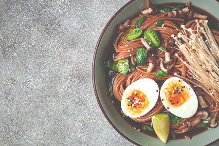 soba, buckwheat noodles, with enoki mushrooms, shimeji and boiled egg, top view, homemade, no...