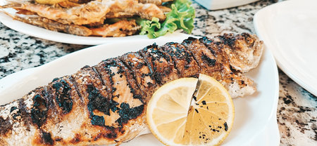 Rainbow trout, grilled, with lemon, mobile photo, no people,の写真素材