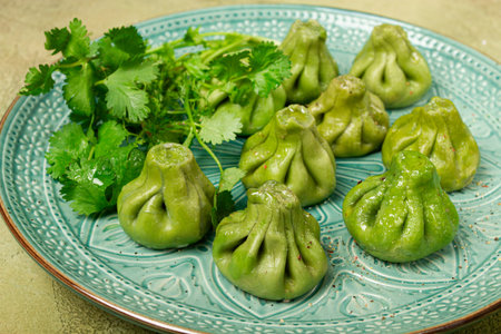 green khinkali, khinkali with spinach, Georgian cuisine, homemade, no people,の写真素材