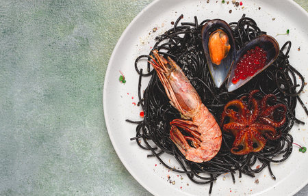black spaghetti with seafood, homemade, no people,の写真素材
