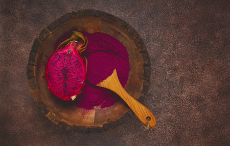 Pitaya powder, dragon fruit, freeze-dried powder, top view, no people,の写真素材
