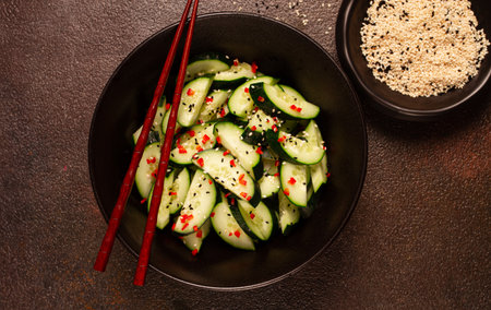 Chinese salad, cucumbers with chili pepper and sesame seeds, homemade, no people,の写真素材